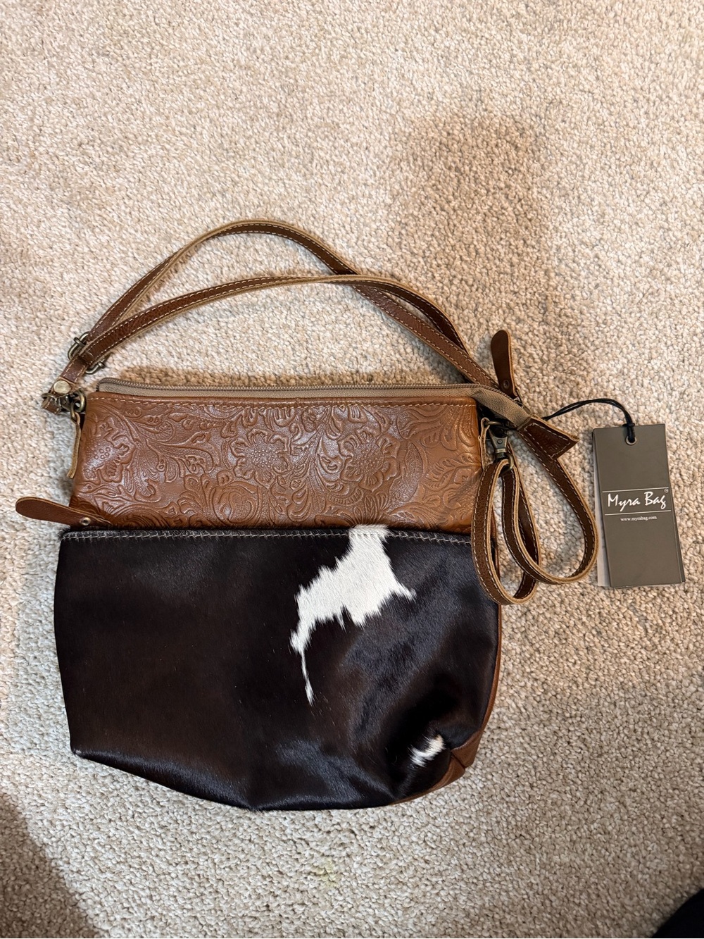 Myra Bag Brown Tooled Leather & Black/White Cowhide Crossbody